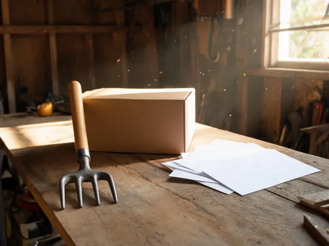 Fork head, handle and packing details on a workbench