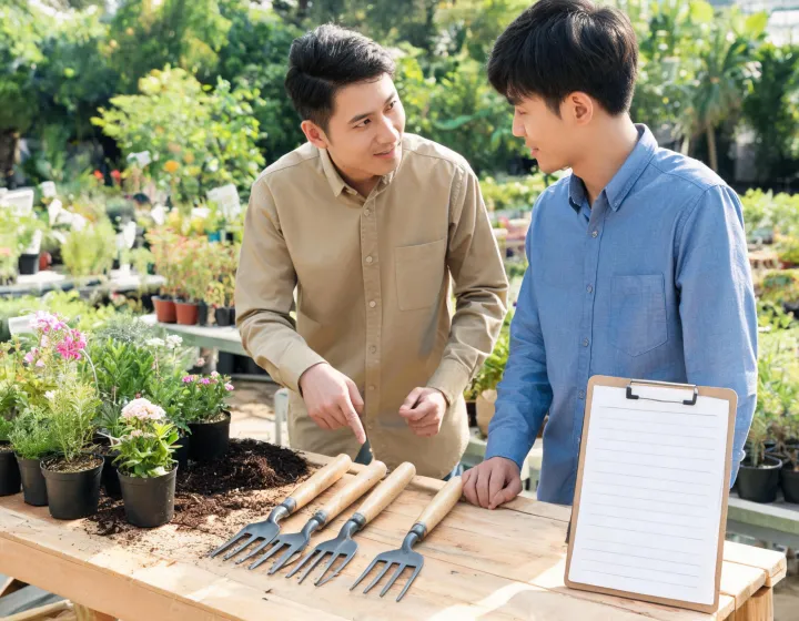 Garden tool procurement brief being discussed at a nursery bench