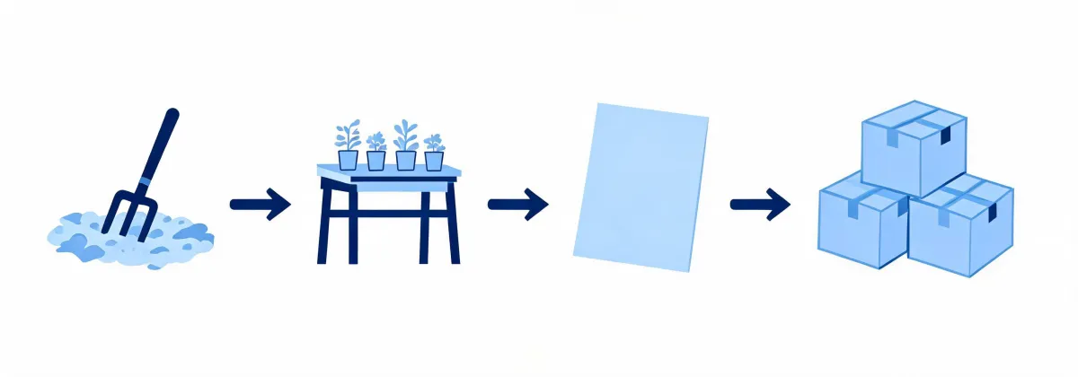 Illustrated garden fork procurement conversation from growing site to receiving destination
