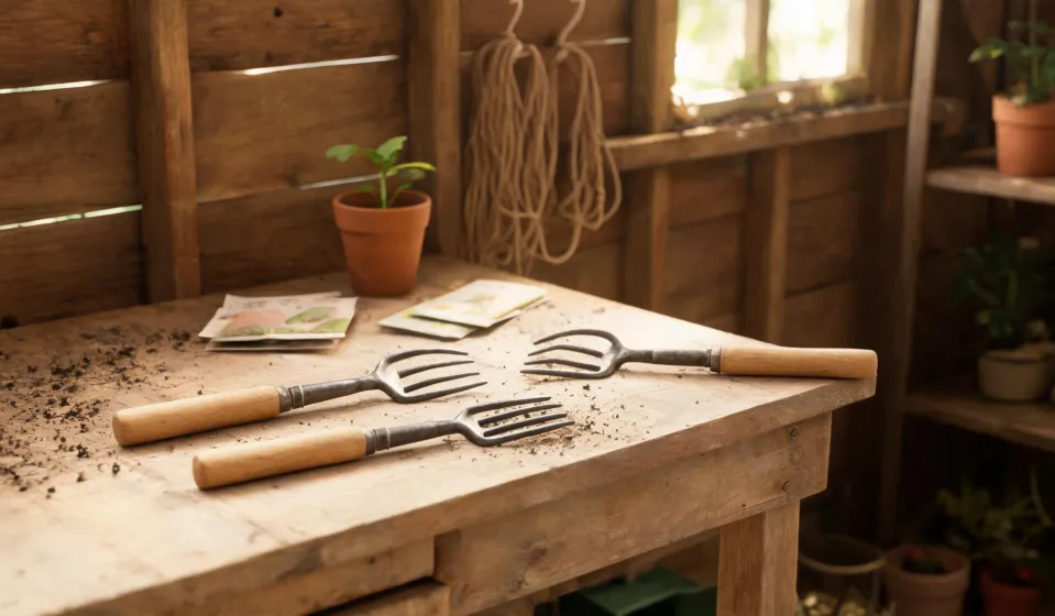 Unsorted garden tools before a nursery workday