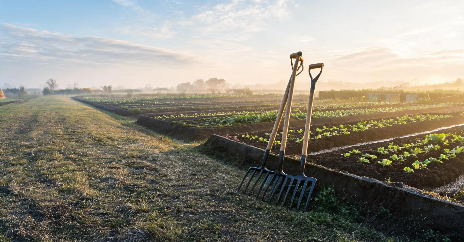 Garden forks beside prepared vegetable beds