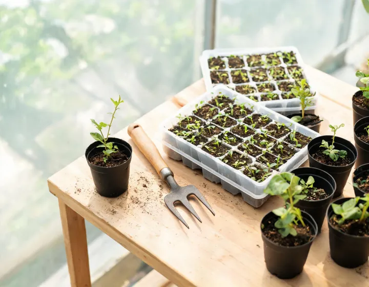 Compact hand fork alongside commercial nursery trays
