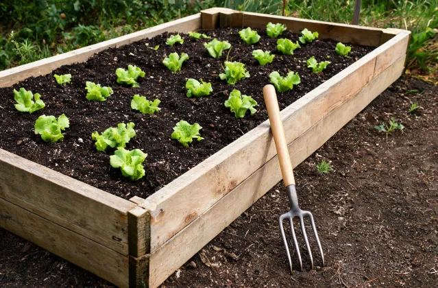 Hand fork positioned beside a raised bed edge